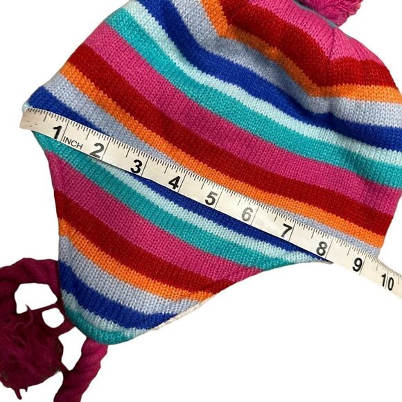 Lands End Pink striped Peruvian fleece lined bobble hat - Picture 3 of 5